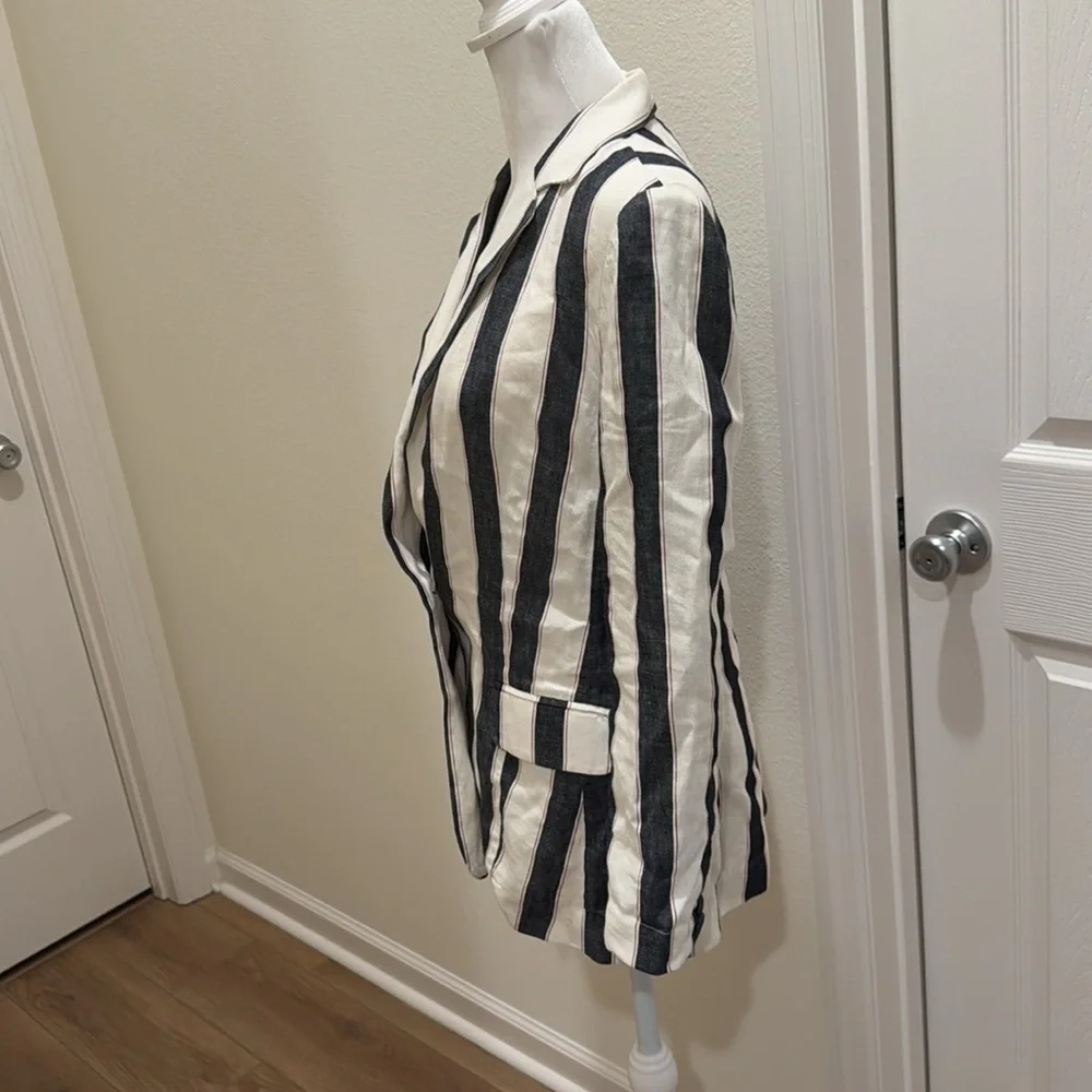 FRAME Bold Stripe Navy White Linen Blazer Sz 4 - Picture 6 of 16